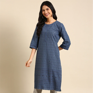 Blue Cotton Straight Kurta