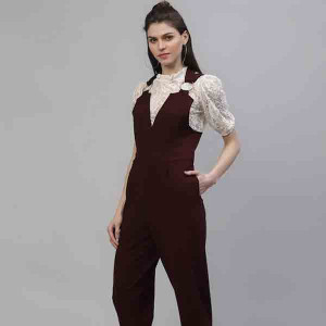 Women Burgundy Solid Basic Jumpsuit