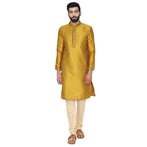 Men's Yellow Full Sleeve Regular Fit Designer Kurta & Churidar Set