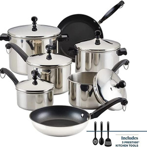 Classic Stainless Steel Cookware Pots and Pans Set, 15-Piece, Silver