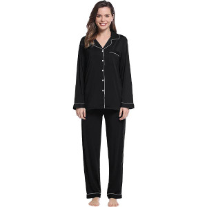 Womens Soft Bamboo Pajama Sets Button Down Long Sleeve Pj Pants Set Sleepwear