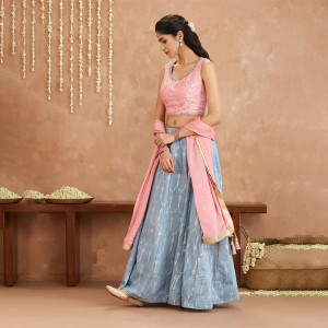 Gajra Gang by  Fashion Bani Pink and Blue Crop Top With Skirt and Dupatta