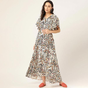 Women White & Black Printed Sustainable Maternity Maxi Dress